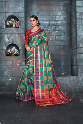 Green woven banarasi cotton saree with blouse 1