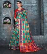 Green woven banarasi cotton saree with blouse