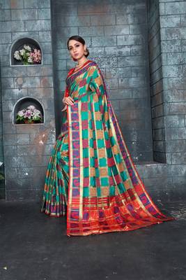 Green woven banarasi cotton saree with blouse 3