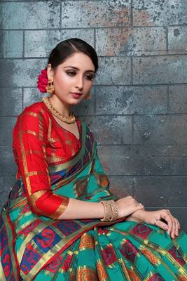 Green woven banarasi cotton saree with blouse 4