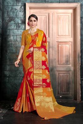 Yellow woven banarasi saree with blouse 1