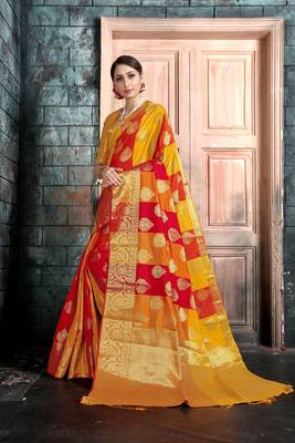 Yellow woven banarasi saree with blouse 3