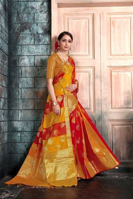 Yellow woven banarasi saree with blouse 4