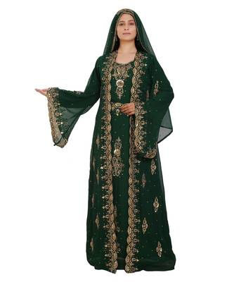 Green Georgette Embroidered Zari Work Islamic-Kaftans 1