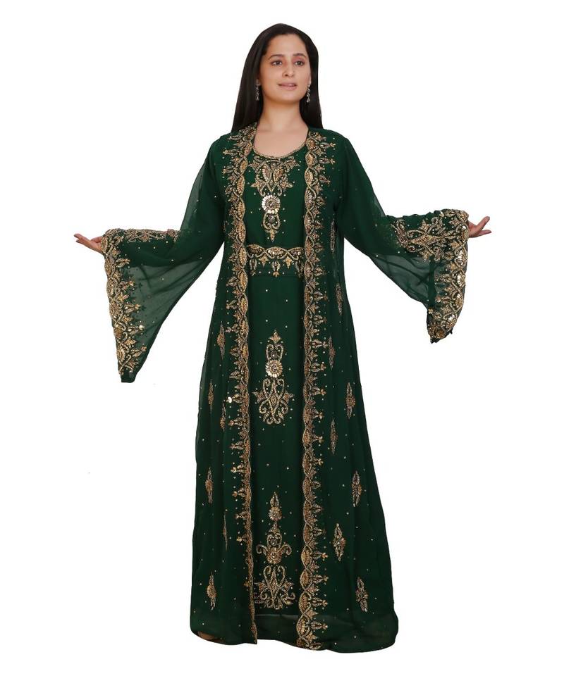 Green Georgette Embroidered Zari Work Islamic-Kaftans
