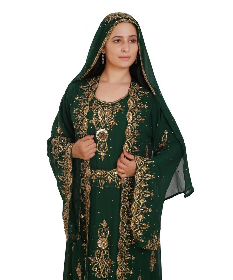 Green Georgette Embroidered Zari Work Islamic-Kaftans