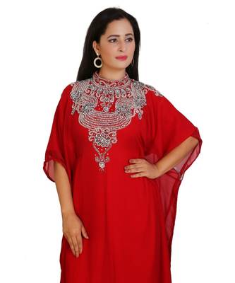 Red Georgette Embroidered Zari Work Islamic-Kaftans 2