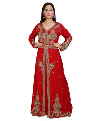 Red Georgette Embroidered Zari Work Islamic-Kaftans 1