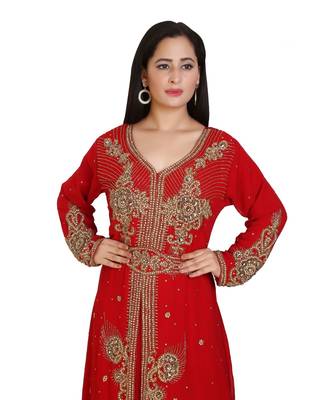 Red Georgette Embroidered Zari Work Islamic-Kaftans 3