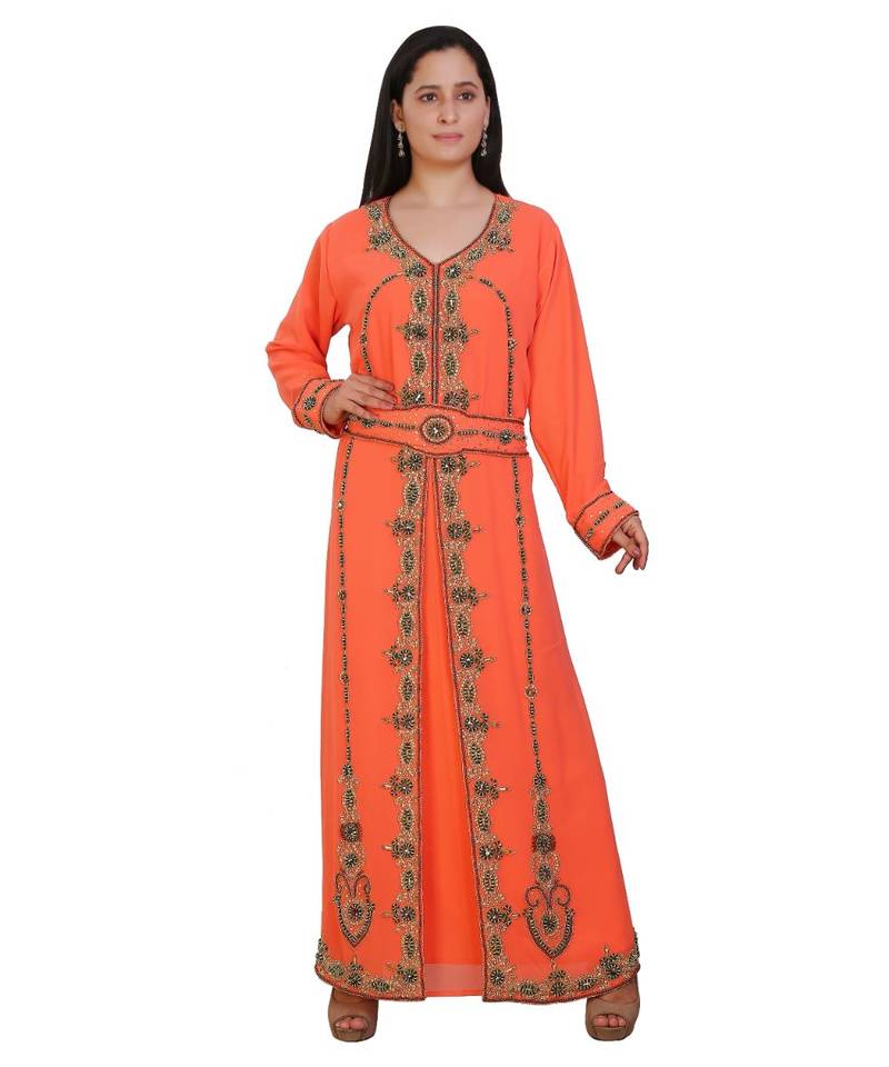 Orange Georgette Embroidered Zari Work Islamic-Kaftans