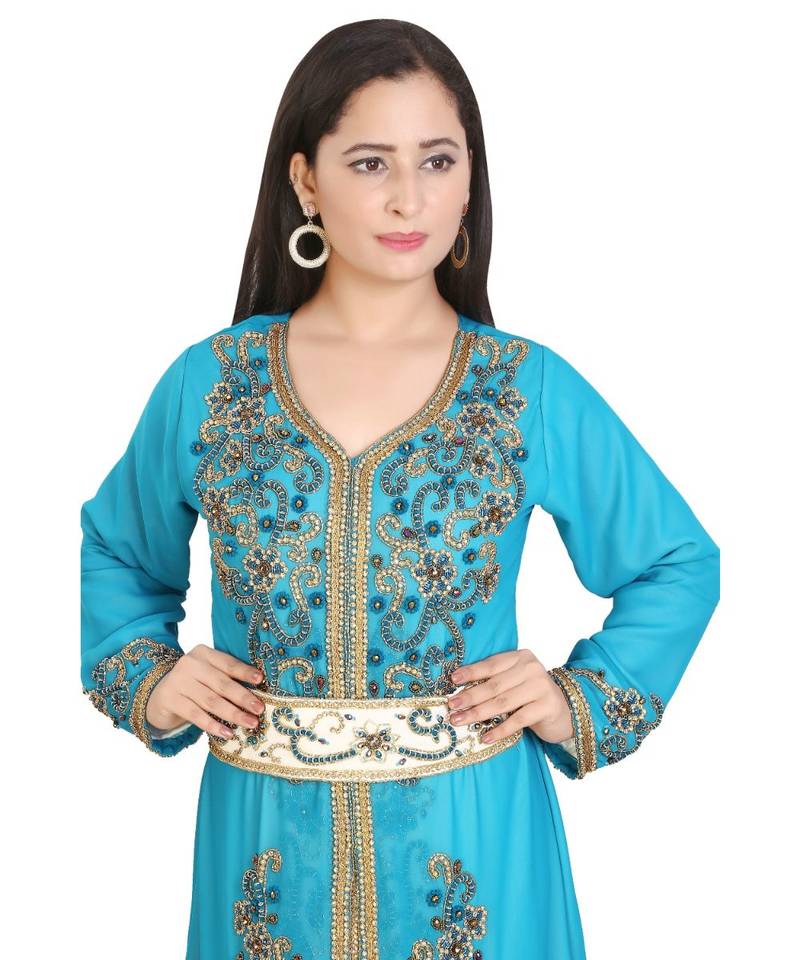 Turquoise Georgette Embroidered Zari Work Islamic-Kaftans