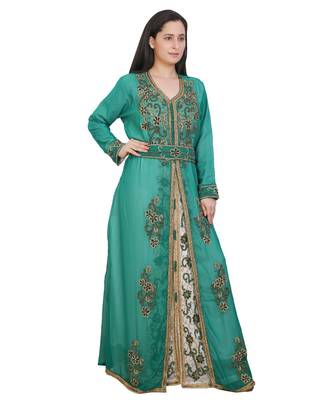 Turquoise Georgette Embroidered Zari Work Islamic-Kaftans 1