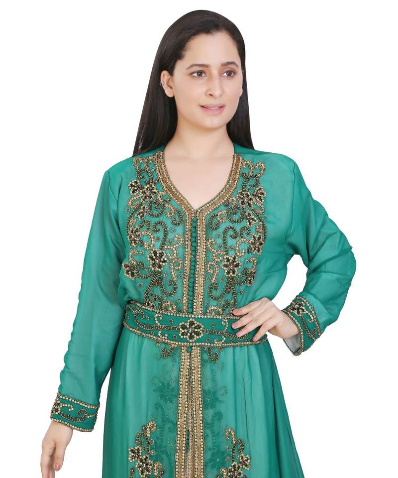 Turquoise Georgette Embroidered Zari Work Islamic-Kaftans