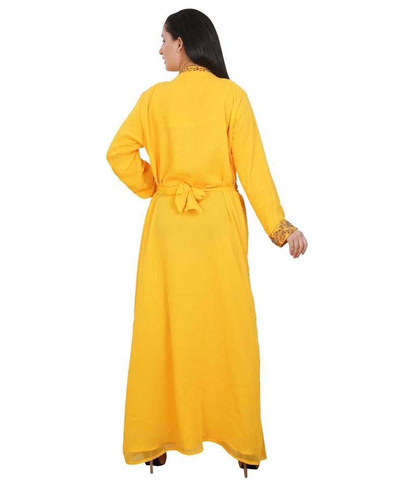 Yellow Georgette Embroidered Zari Work Islamic-Kaftans