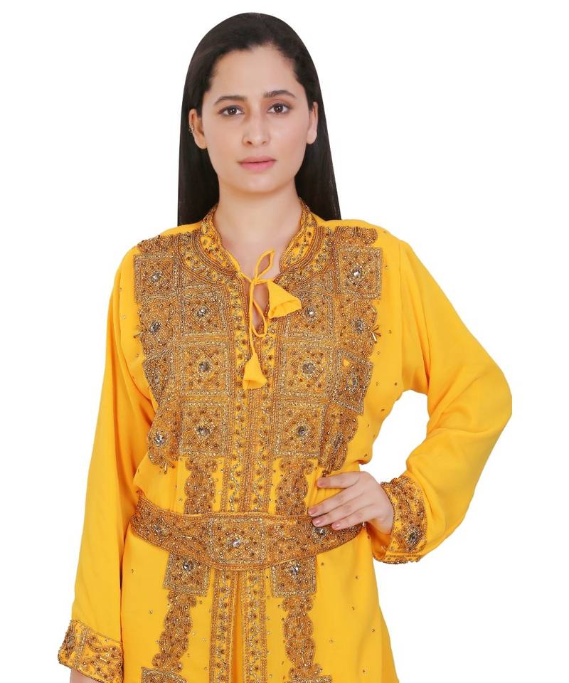 Yellow Georgette Embroidered Zari Work Islamic-Kaftans