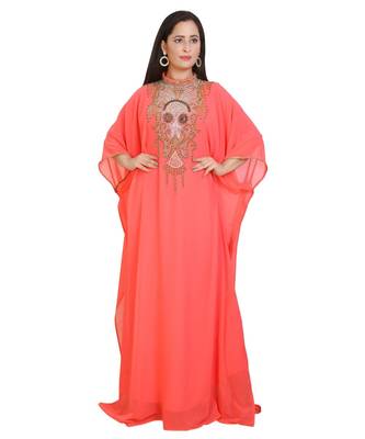 Tomato Georgette Embroidered Zari Work Islamic-Kaftans 1