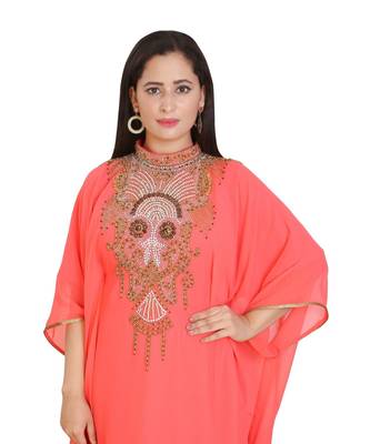 Tomato Georgette Embroidered Zari Work Islamic-Kaftans 2