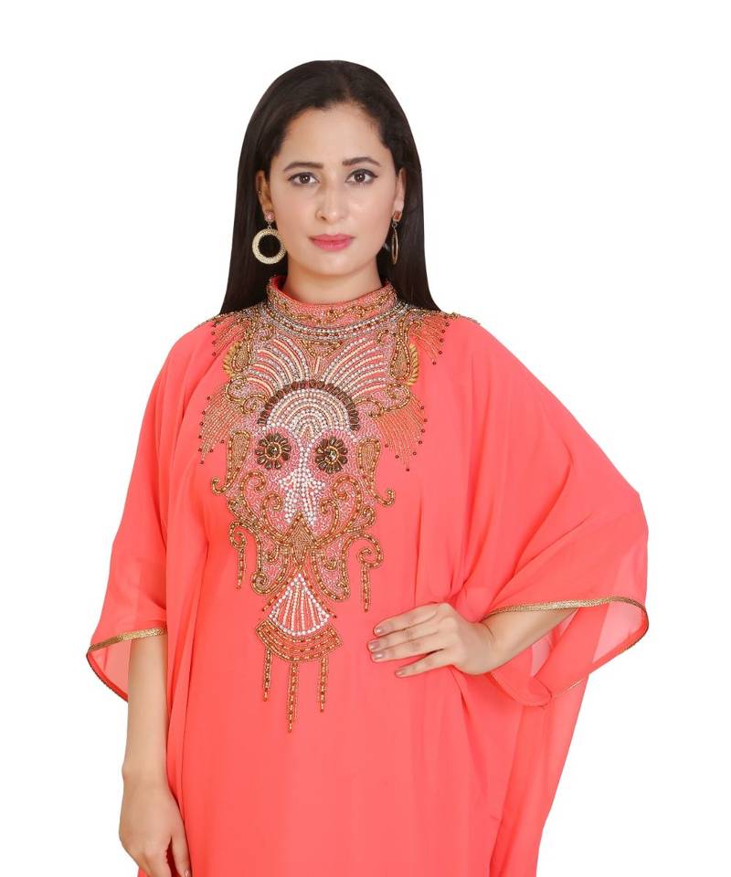 Tomato Georgette Embroidered Zari Work Islamic-Kaftans