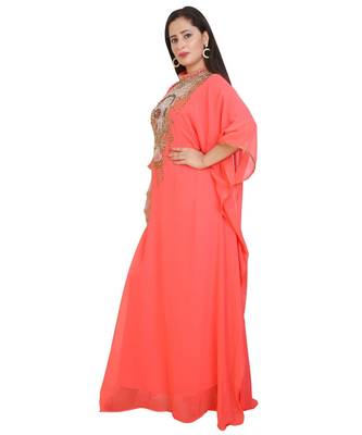 Tomato Georgette Embroidered Zari Work Islamic-Kaftans 3