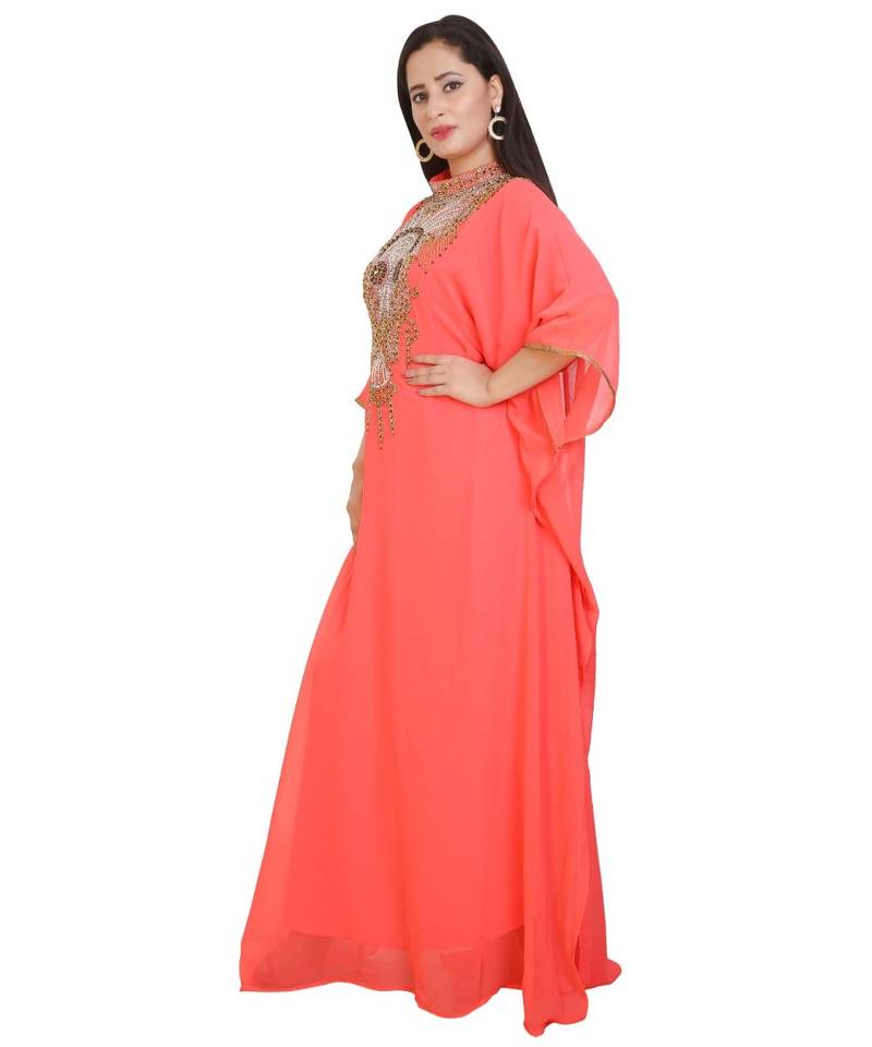 Tomato Georgette Embroidered Zari Work Islamic-Kaftans