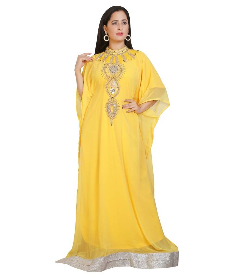 Yellow Georgette Embroidered Zari Work Islamic-Kaftans