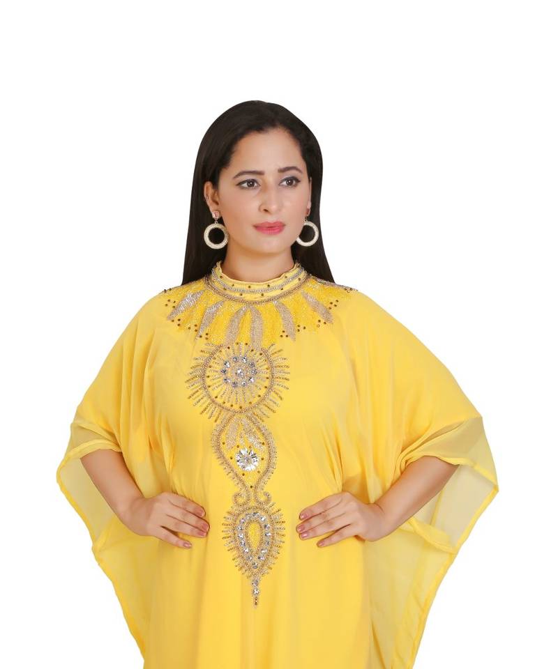 Yellow Georgette Embroidered Zari Work Islamic-Kaftans