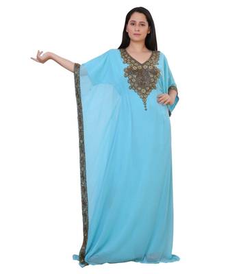 Turquoise Georgette Embroidered Zari Work Islamic-Kaftans 1