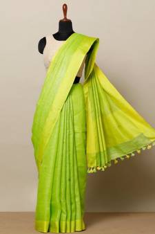 Parrot Green Hand Woven Linen Saree With Blouse