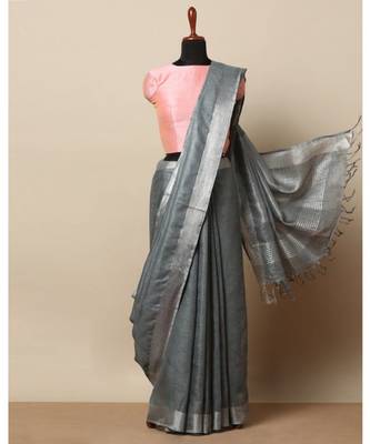 Grey Hand Woven Linen Saree With Blouse 1