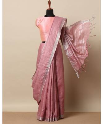 Pink Hand Woven Linen Saree With Blouse 1