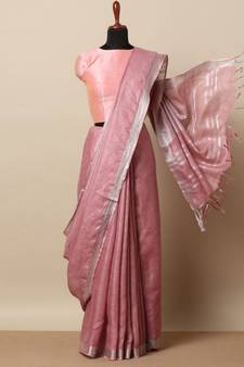 Pink Hand Woven Linen Saree With Blouse