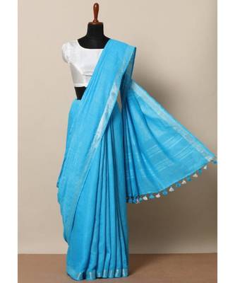 Turquoise Hand Woven Linen Saree With Blouse 1