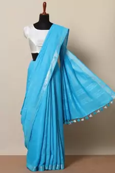 Turquoise Hand Woven Linen Saree With Blouse