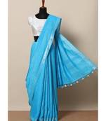 Turquoise Hand Woven Linen Saree With Blouse