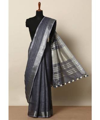 Black Hand Woven Linen Saree With Blouse 1