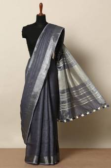 Black Hand Woven Linen Saree With Blouse