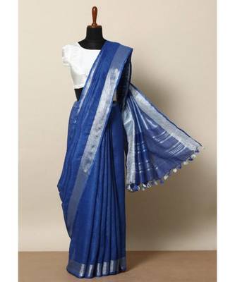 Blue Hand Woven Linen Saree With Blouse 1