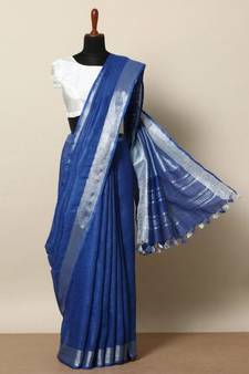 Blue Hand Woven Linen Saree With Blouse
