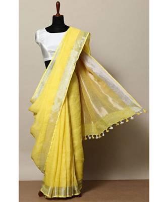 Yellow Hand Woven Linen Saree With Blouse 1