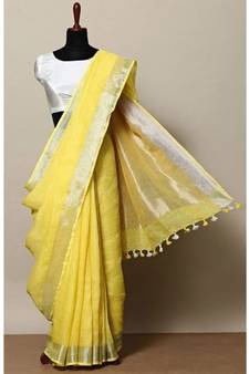 Yellow Hand Woven Linen Saree With Blouse