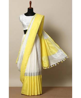 White Hand Woven Linen Saree With Blouse 1
