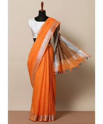 Orange Hand Woven Linen Saree With Blouse 1