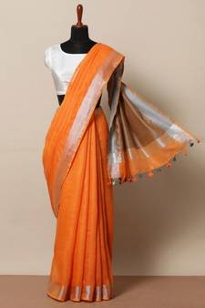 Orange Hand Woven Linen Saree With Blouse