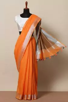Orange Hand Woven Linen Saree With Blouse