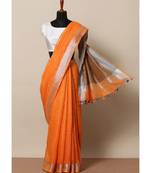 Orange Hand Woven Linen Saree With Blouse