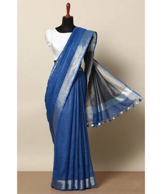 Blue Hand Woven Linen Saree With Blouse 1