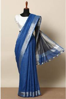 Blue Hand Woven Linen Saree With Blouse