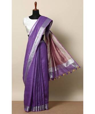 Purple Hand Woven Linen Saree With Blouse 1