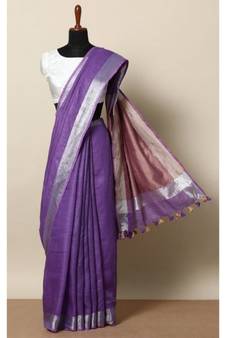 Purple Hand Woven Linen Saree With Blouse