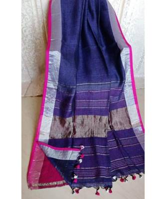 Blue Hand Woven Linen Saree With Blouse 1